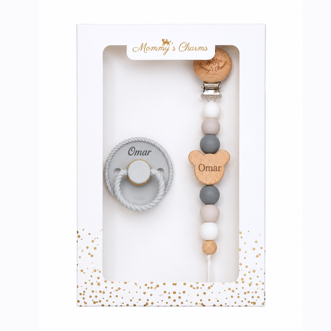 Personalized Pacifier Clip & FRIGG Set – Teddy Bear