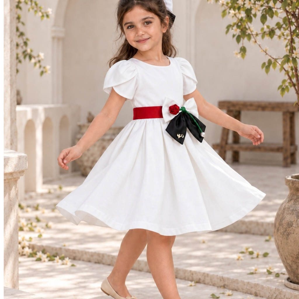 UAE National Day Rose Charm Dress – Petal Sleeve Celebration Outfit