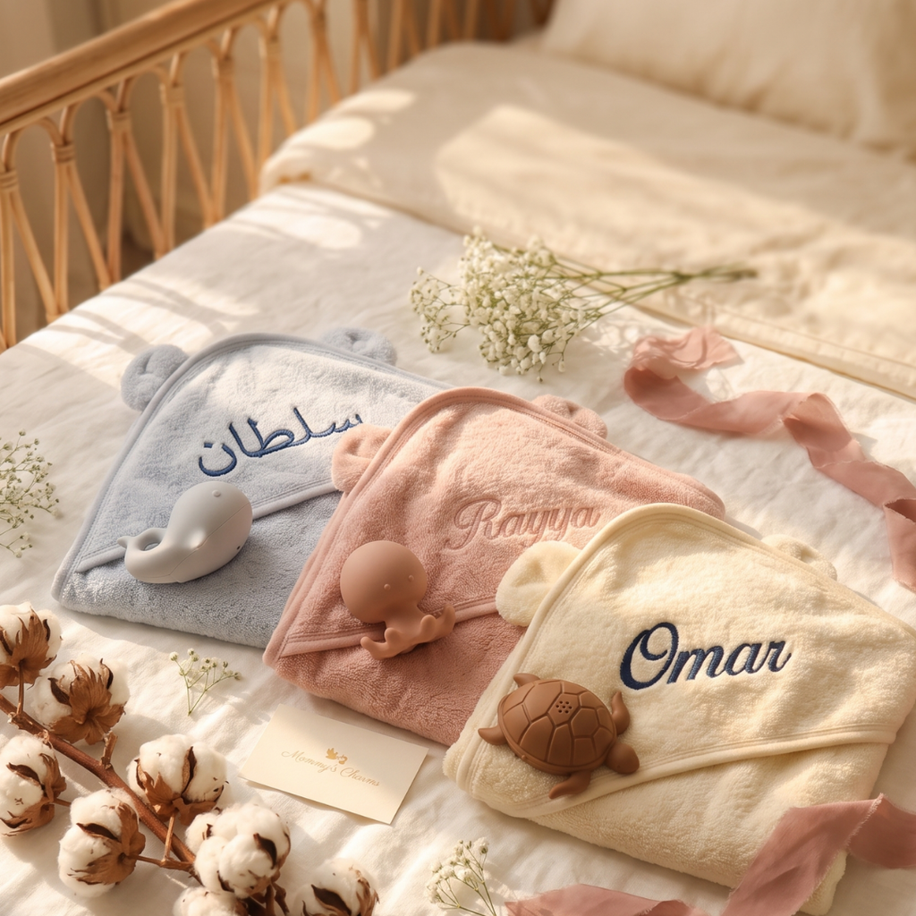 Personalized Baby Towel, Bath Toy & Hair Brush Set – Soft Bath Gift - baby bath gift set by Mommy's Charms