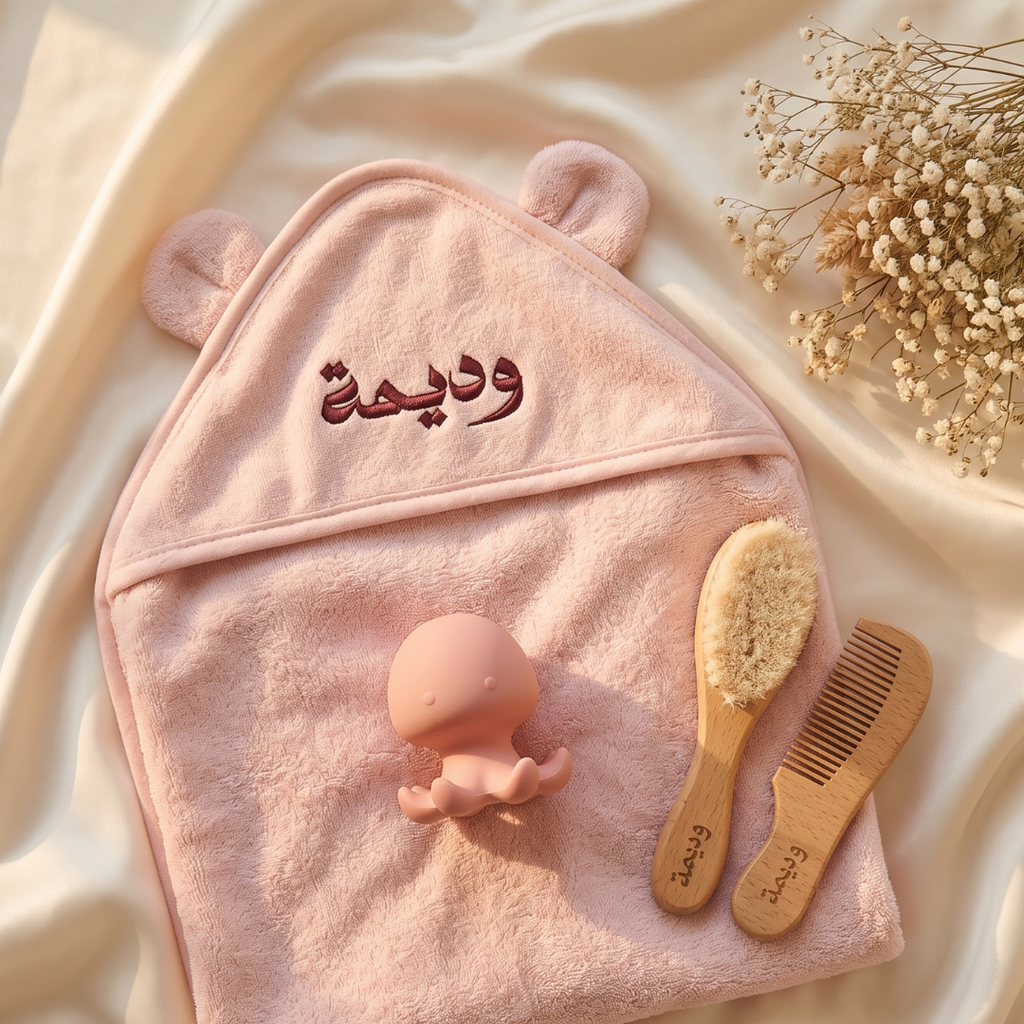 Personalized Baby Towel, Bath Toy & Hair Brush Set – Soft Bath Gift - baby bath gift set by Mommy's Charms