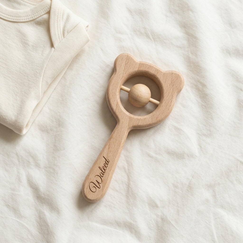 Personalized Bear Wooden Baby Rattle – Name Sensory Toy