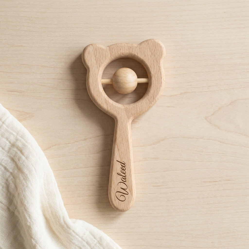Personalized Bear Wooden Baby Rattle – Name Sensory Toy