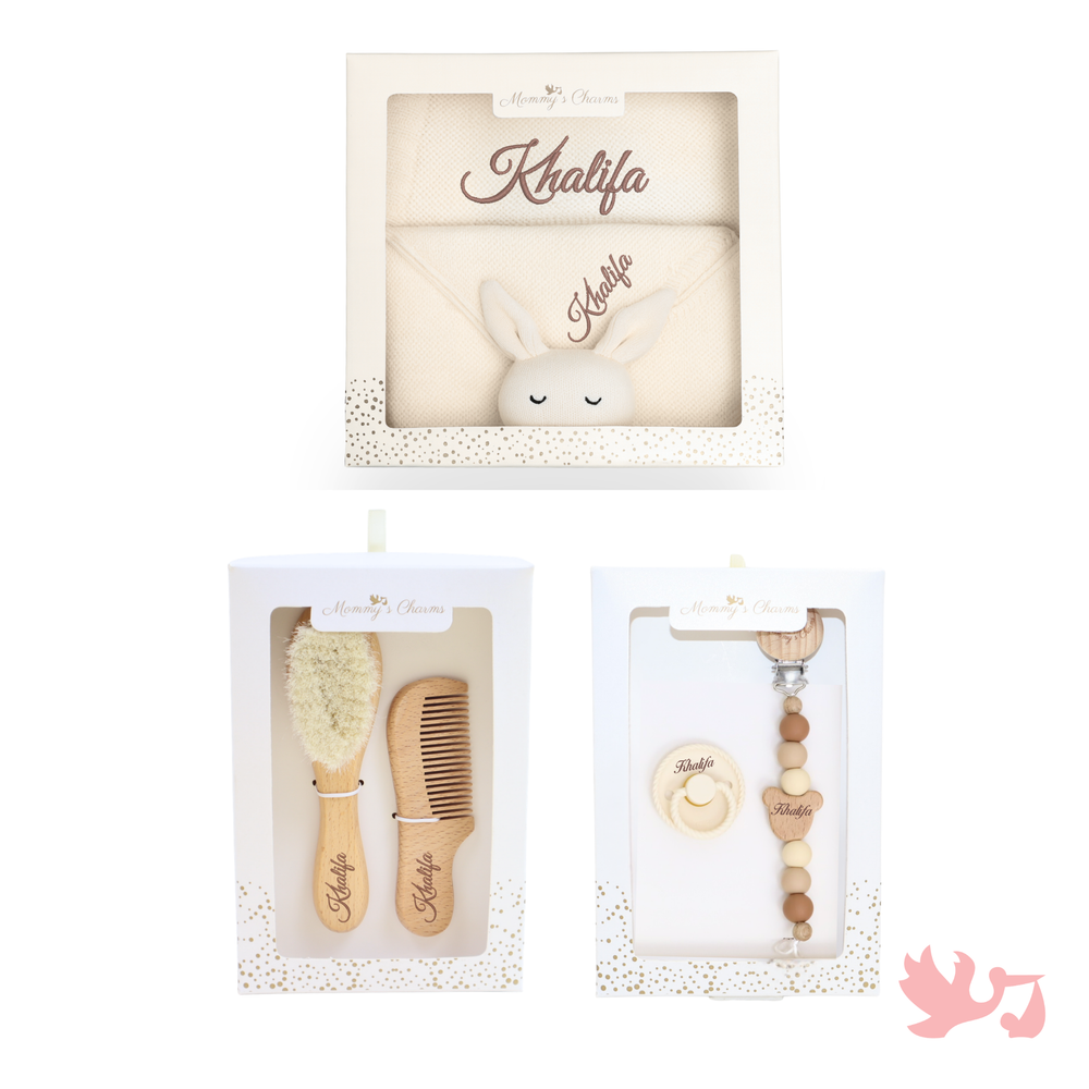 Personalized Baby Essentials Set – Hair Brush, Pacifier & Blanket Gift - baby shower gift bundle by Mommy's Charms