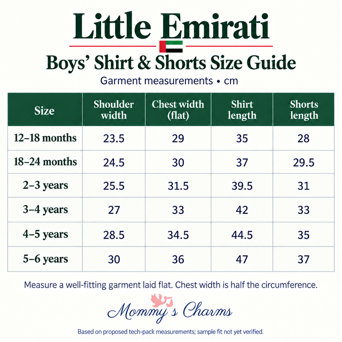Little Emirati boys size chart, 12–18 months to 5–6 years; proposed tech-pack measurements