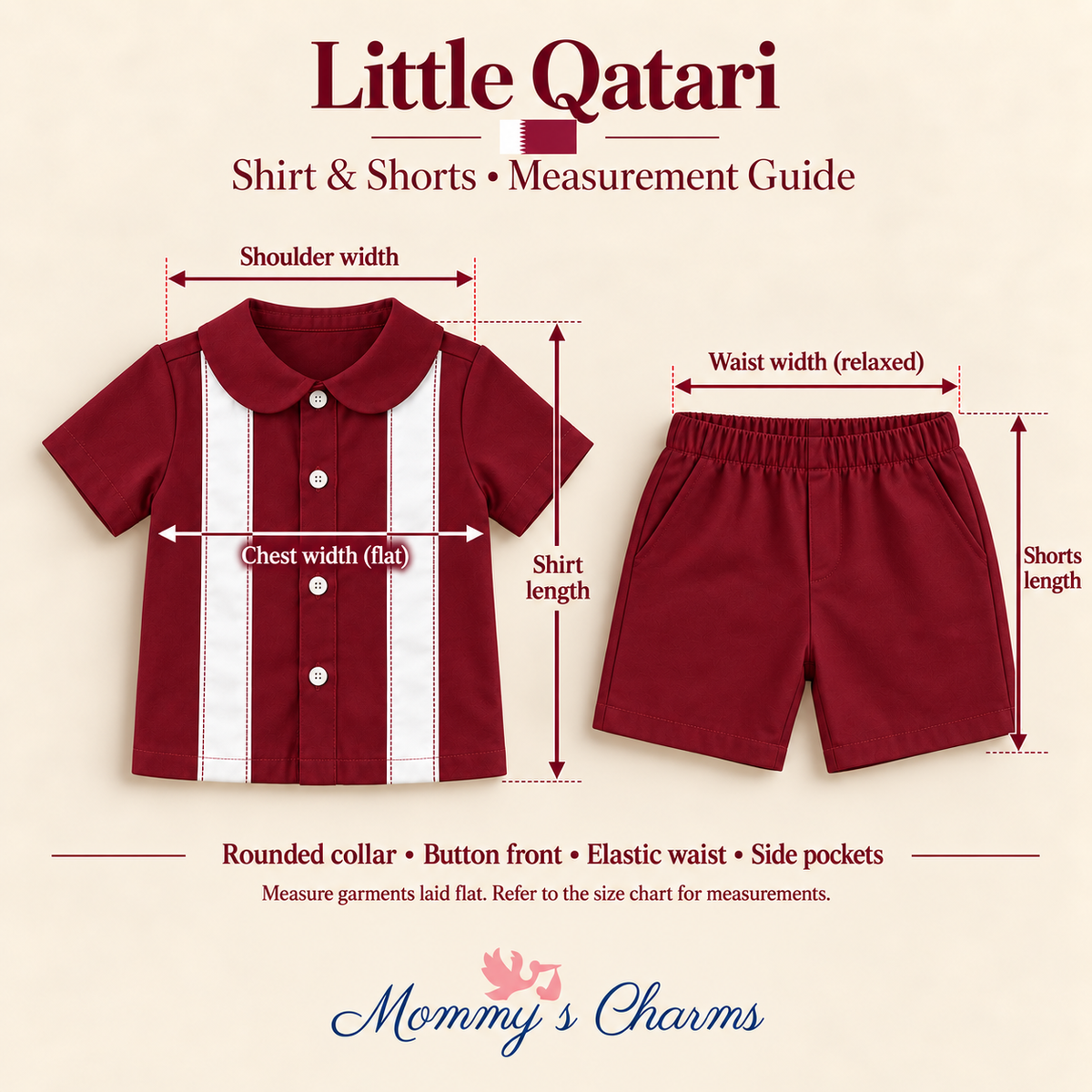Little Qatari shirt and shorts measurement guide showing shoulder, chest, waist and garment lengths.