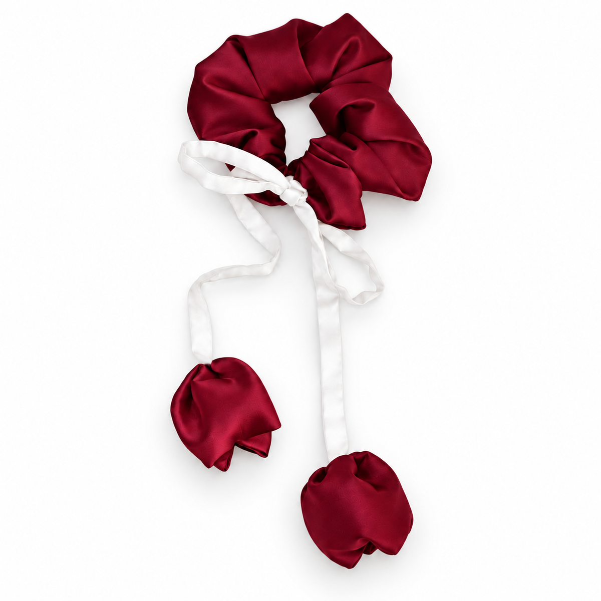Qatar National Day maroon tulip scrunchie with contrasting ribbons and two hanging tulips