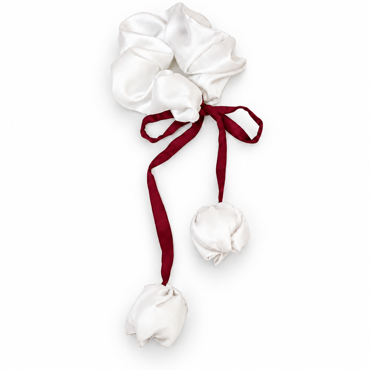Qatar National Day white tulip scrunchie with contrasting ribbons and two hanging tulips