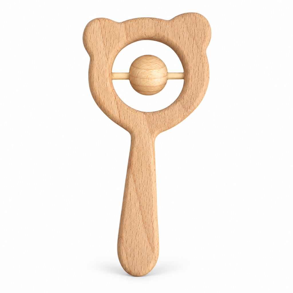 Personalized Bear Wooden Baby Rattle – Name Sensory Toy