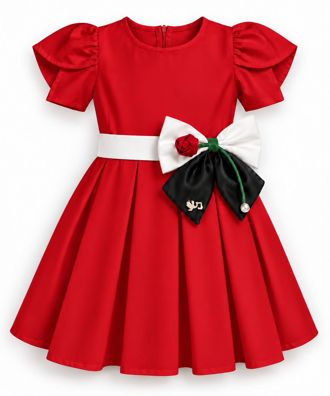 Red Rose Charm dress with white belt, petal sleeves and UAE-colour rose bow