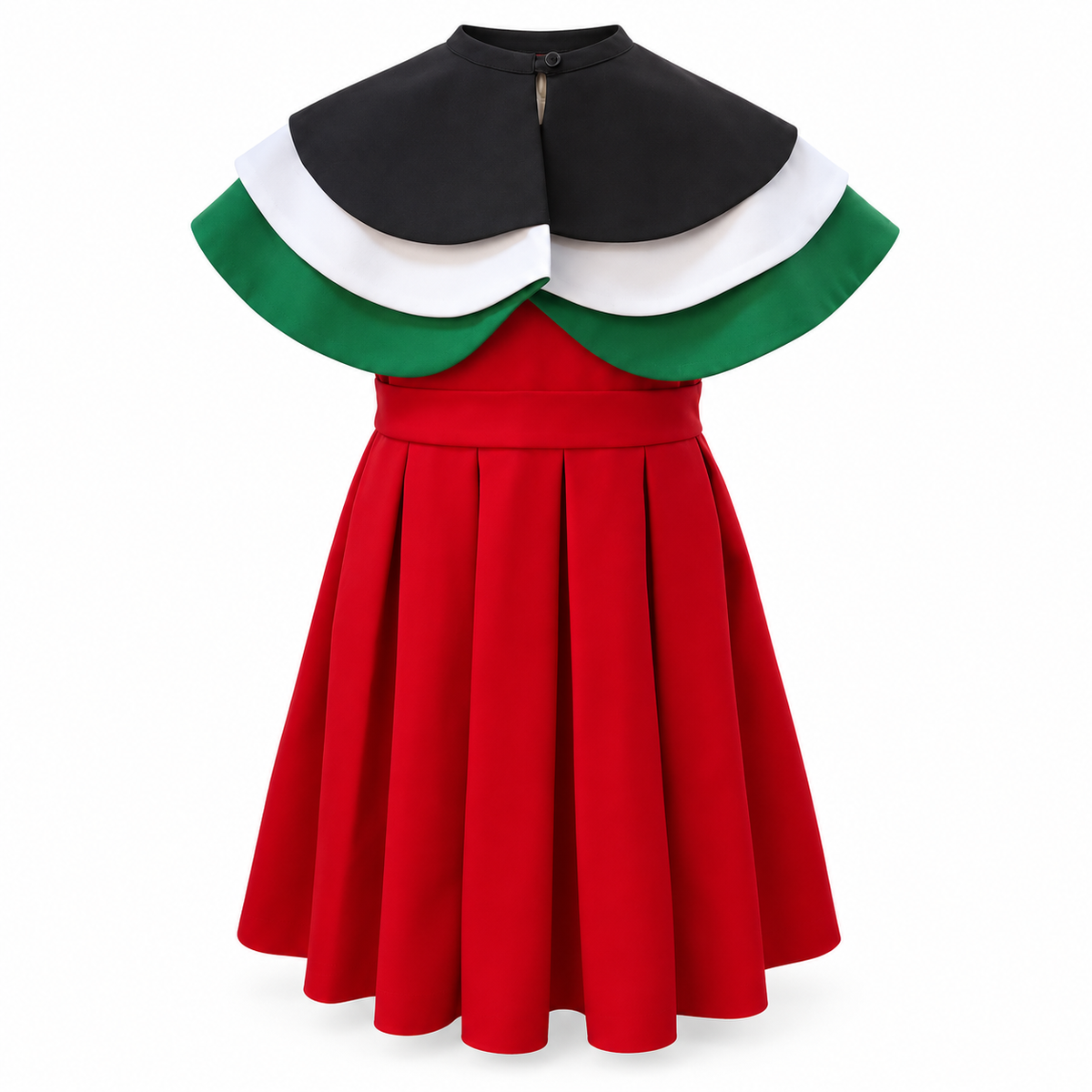 Front view of the Emirati Pride red pleated dress with a black, white and green layered cape on a white background.