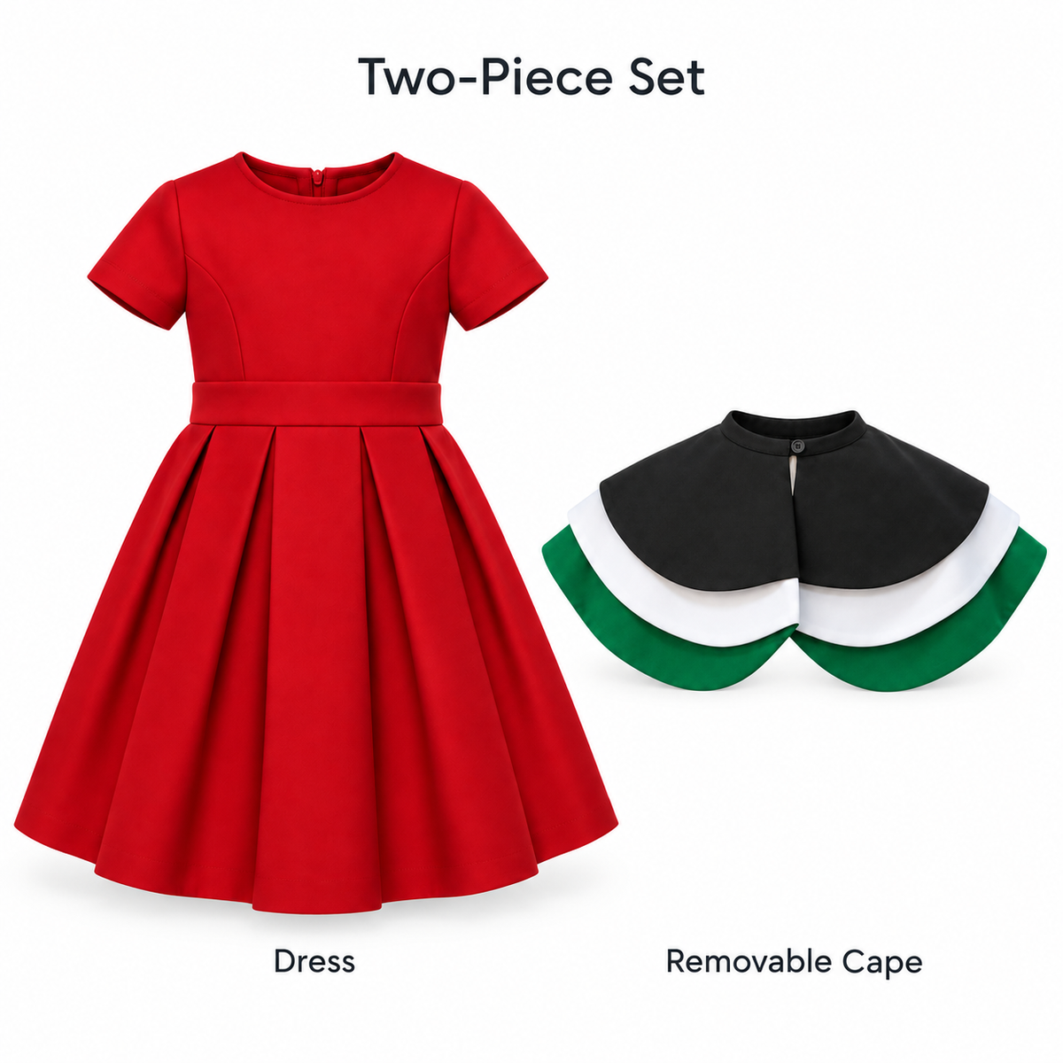 Emirati Pride two-piece set with the red short-sleeve dress and removable black, white and green cape shown separately.