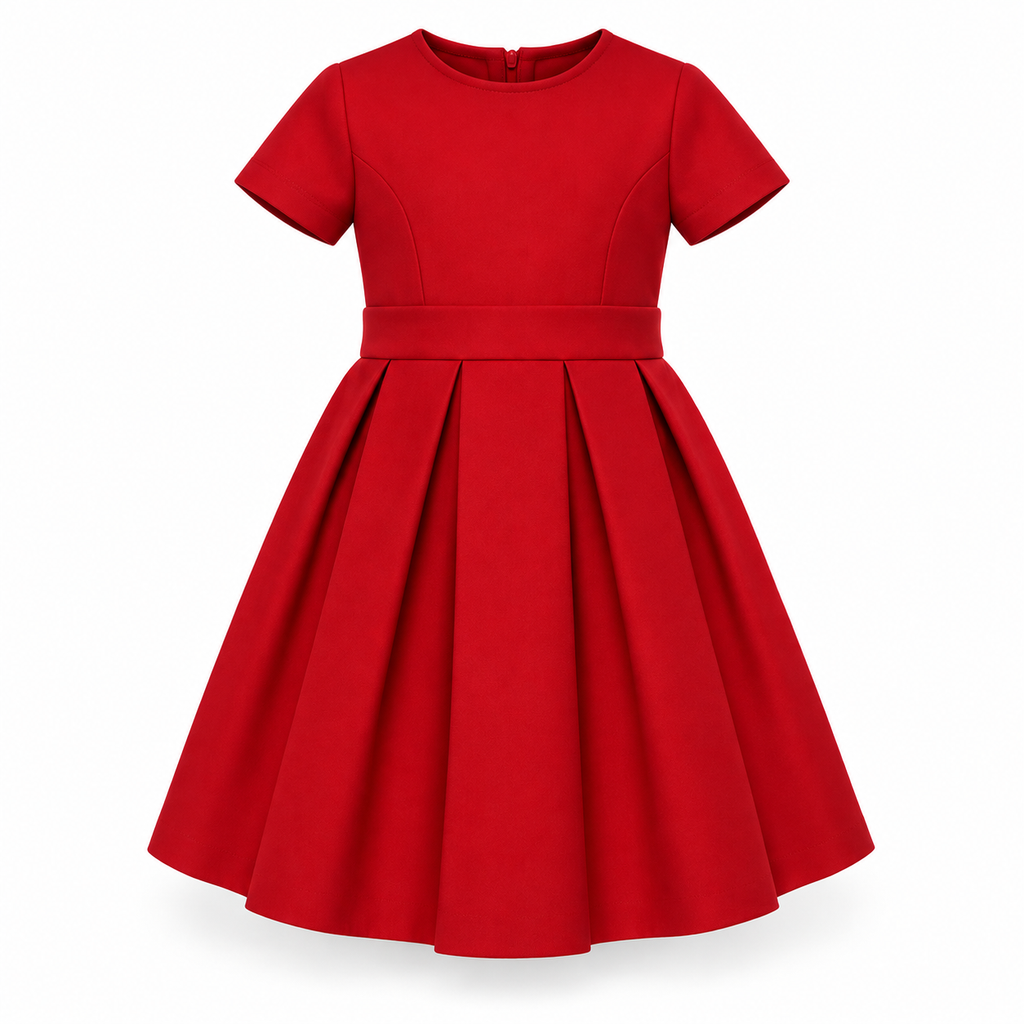 Emirati Pride red dress without the cape, showing short sleeves, a round neckline, wide waistband and pleated skirt.