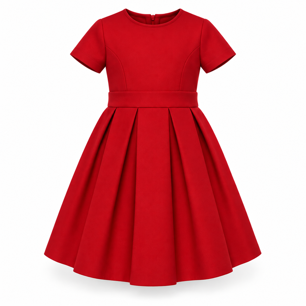 Emirati Pride red dress without the cape, showing short sleeves, a round neckline, wide waistband and pleated skirt.