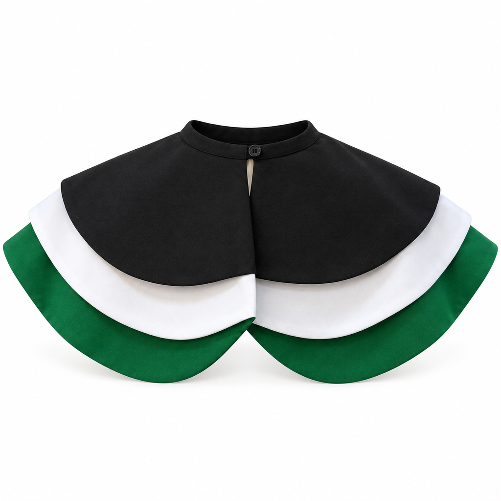 Emirati Pride removable cape with black, white and green layers and a button fastening, shown on a white background.