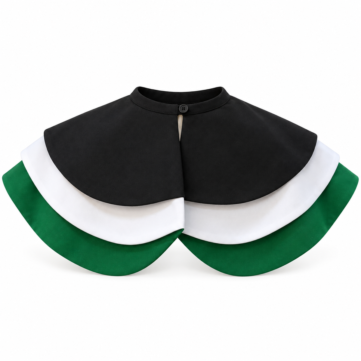 Emirati Pride removable cape with black, white and green layers and a button fastening, shown on a white background.