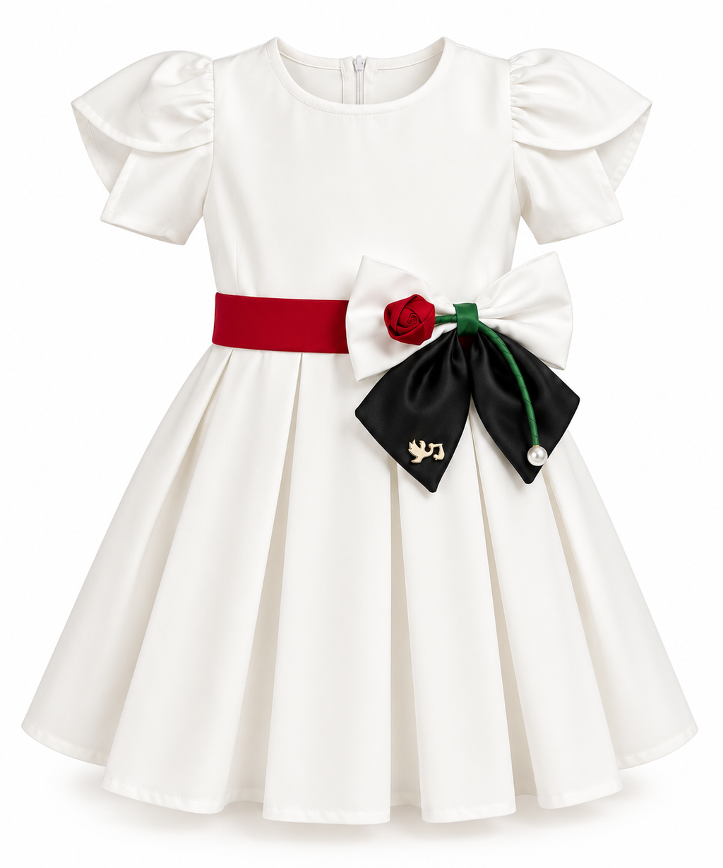 White UAE National Day Rose Charm dress with petal sleeves, red waistband and rose bow with green and black details