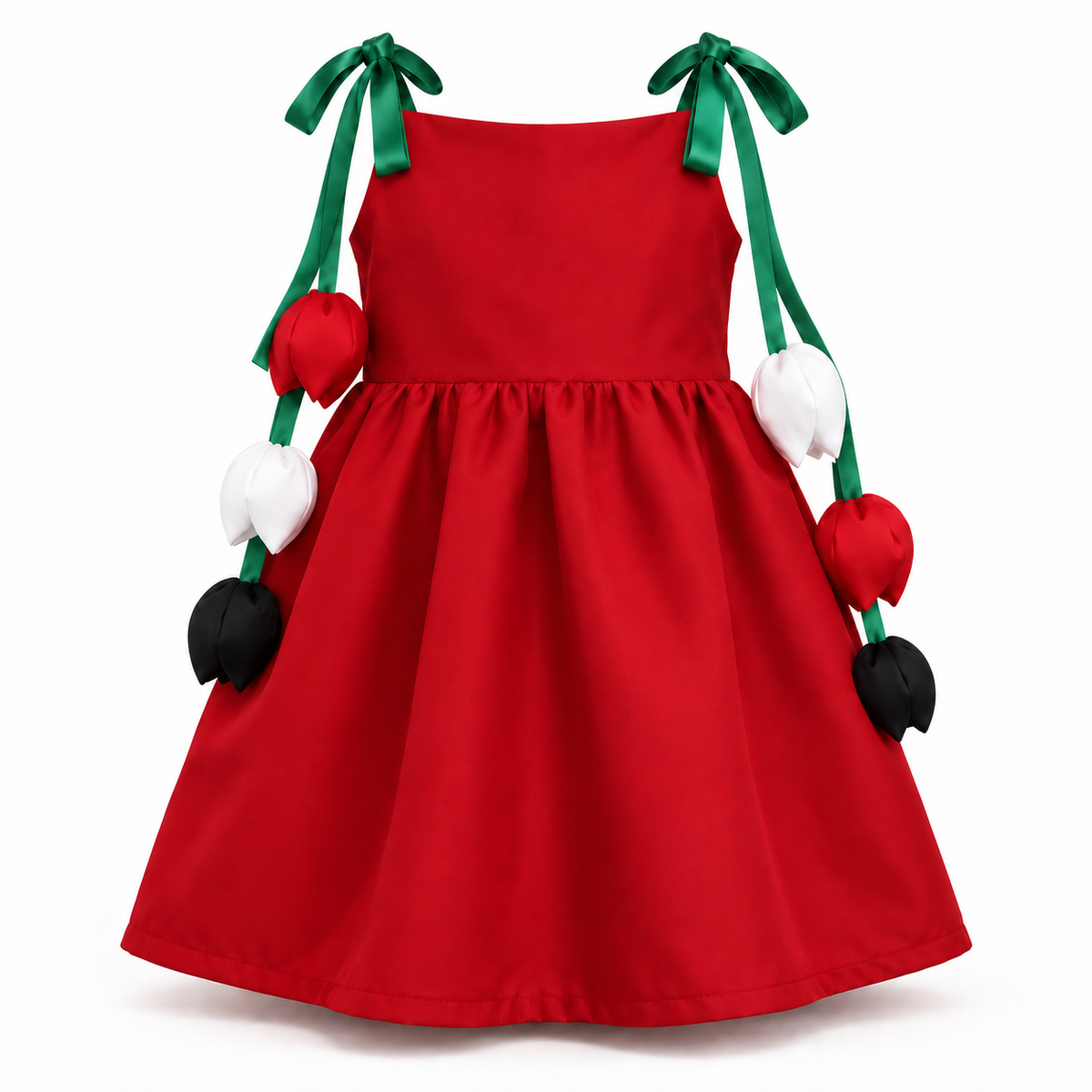 Red UAE National Day Tulip Charm dress with green shoulder ties and hanging red, white and black tulip decorations